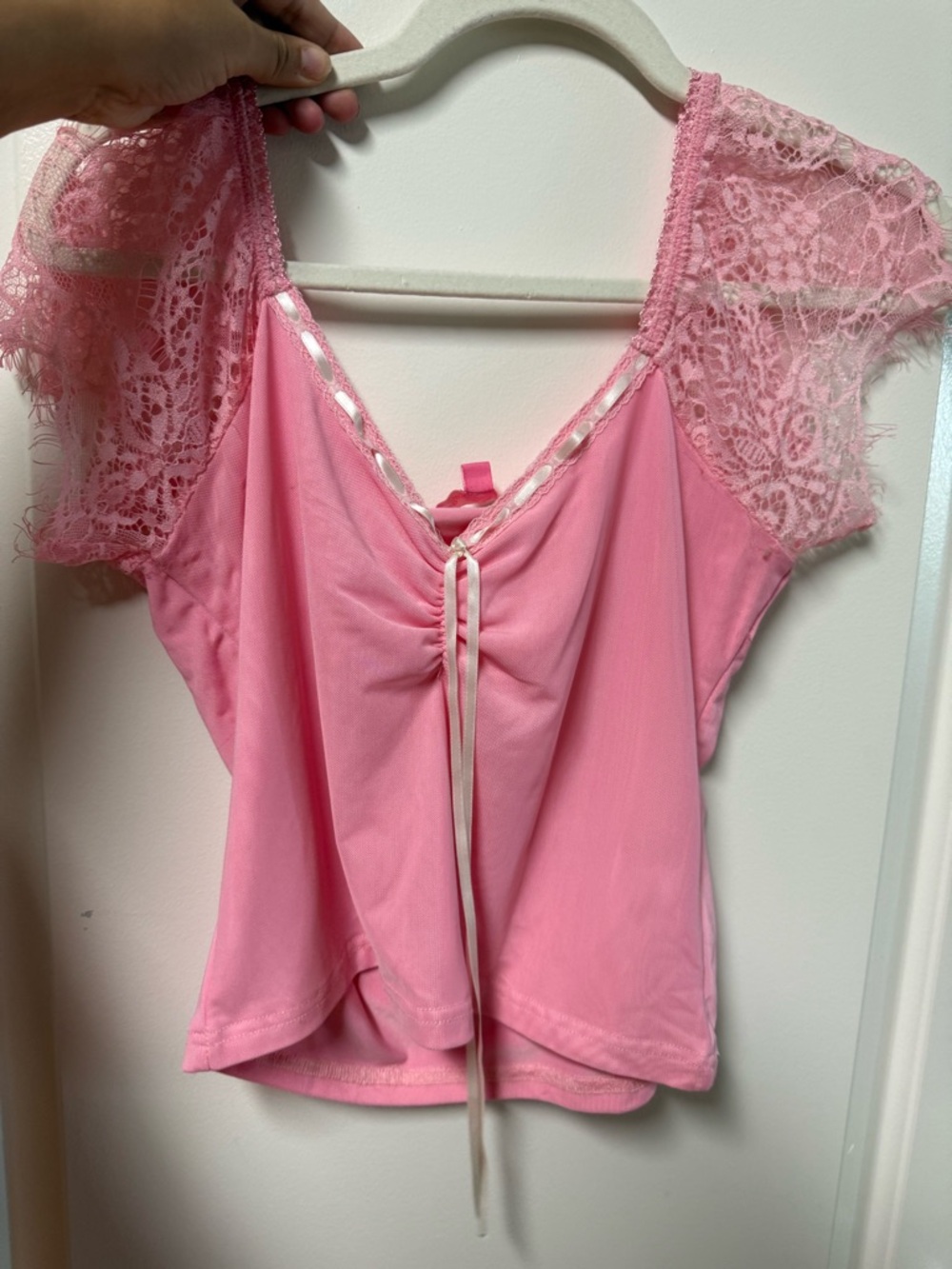 REVOLVE Pink Lace-Sleeve Tie-Front Blouse